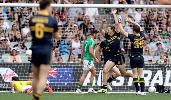 Nat Fyfe celebrates scoring a goal