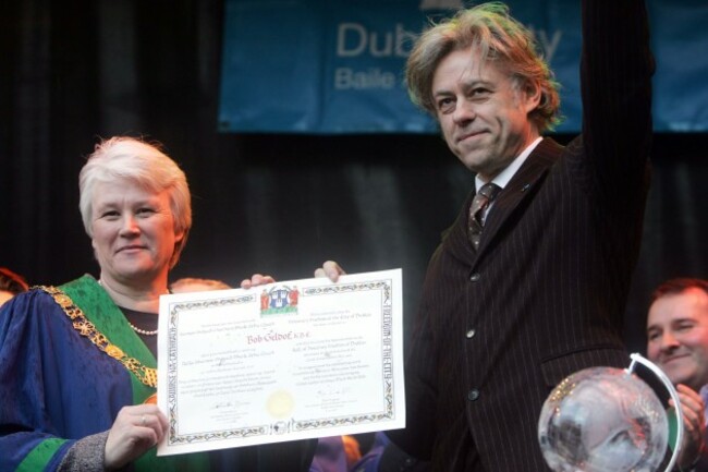 File Photo Bob Geldof is to hand back his Freedom of the City of Dublin, saying he does not want to be associated with the award while it is also held by Aung San Suu Kyi.