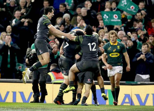 Jacob Stockdale celebrates scoring his sides fourth try with Sean O’Brien, Kieran Marmion, Bundee Aki and Joey Carbery