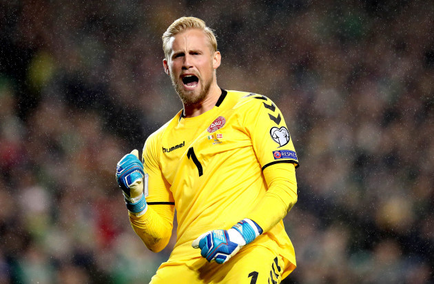 Kasper Schmeichel celebrates his side's first goal of the game