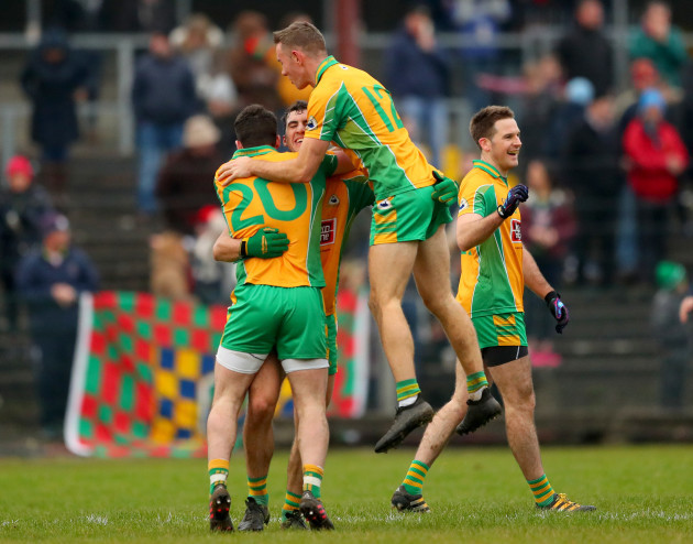 Conor Cunningham, Daithi Burke, Jason Leonard and Kevin Murphy celebrate after the game