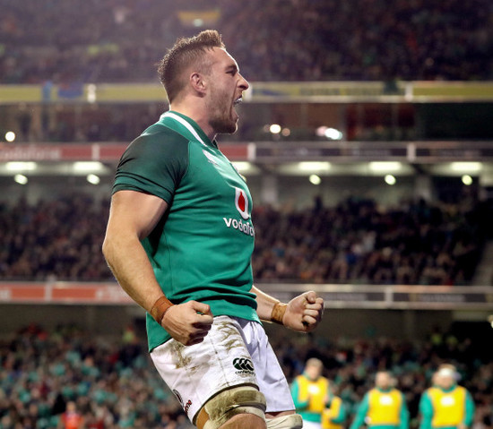 Jack Conan celebrates scoring their third try