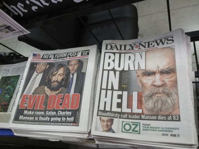 NY: New York newspapers report on death of Charles Manson