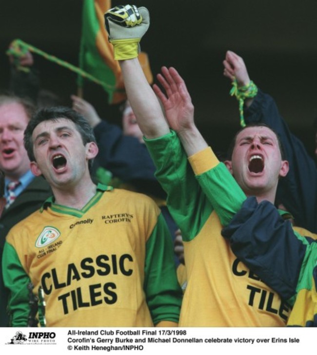 Corofin's Gerry Burke andMichael Donnellan celebrate 17/3/1998