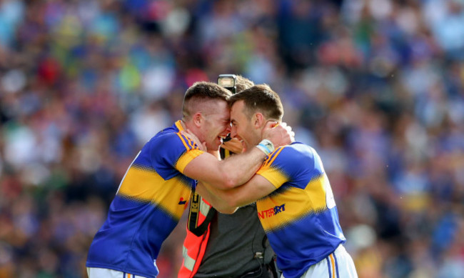 Padraic Maher celebrates at the final whistle with John O&rsquo;Keefe