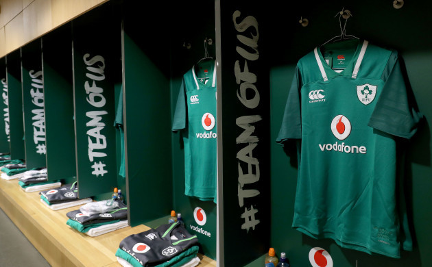 A view of Ireland jersey's in the dressing room