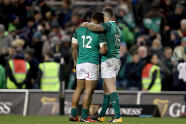 Bundee Aki and Rob Kearney celebrate after the game
