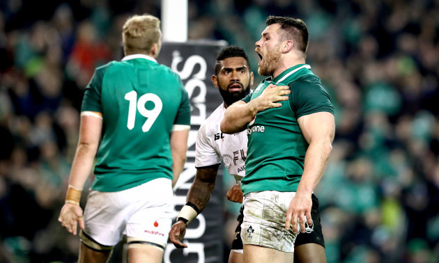 Cian Healy celebrates a try that was later disallowed