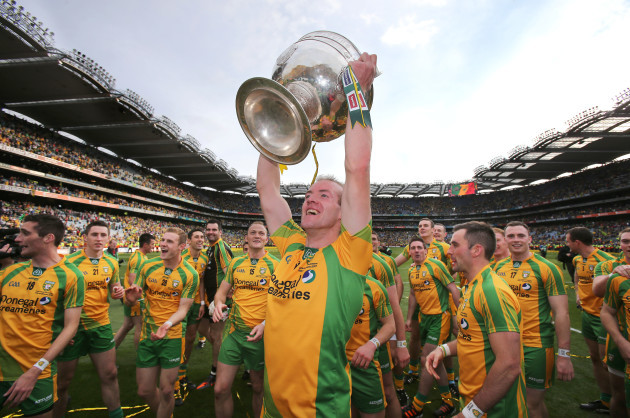 Neil Gallagher lifts the Sam Maguire cup