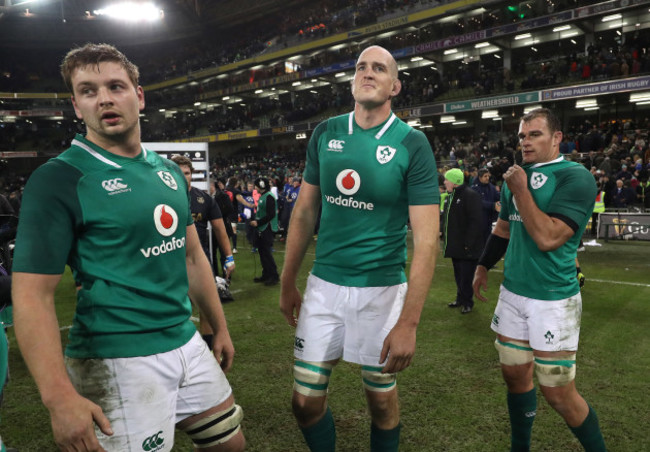 Iain Henderson, Devin Toner and Rhys Ruddock celebrate after the game