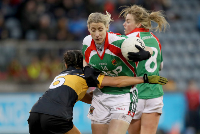 Cora Staunton is tackled by Eimear Meaney