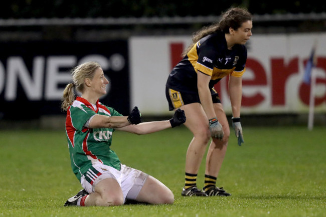 Cora Staunton with Aisling O&rsquo;Sullivan of Mourneabbey at the final whistle