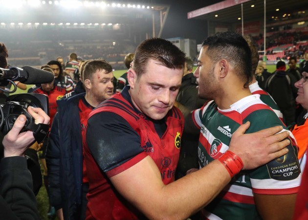 CJ Stander with LeicesterÕs Manu Tuilagi after the game