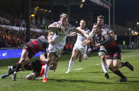 Craig Gilroy on his way to scoring Ulster's fourth try