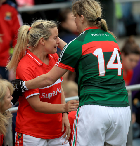 Cora Staunton consoles Brid Stack of Cork at the end of the game