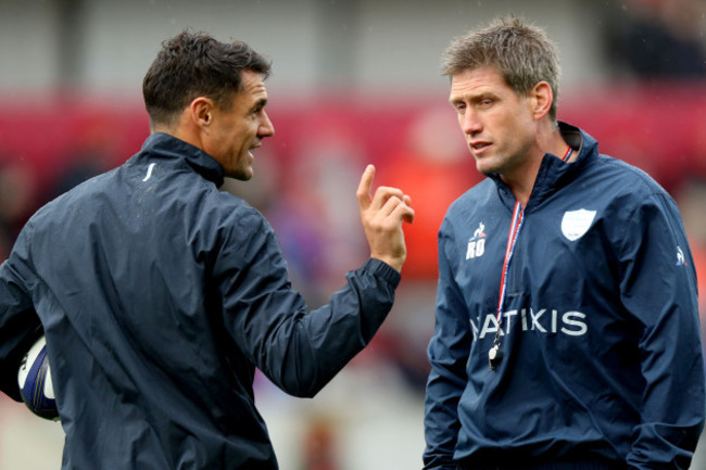 Ronan O'Gara and Dan Carter before the game