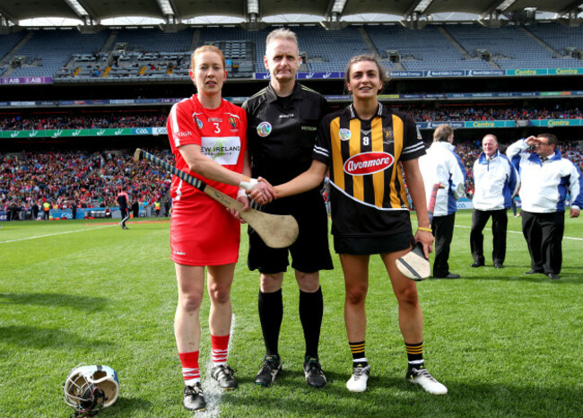 Rena Buckley, Owen Elliott and Anna Farrell at the coin toss