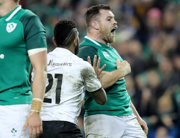 Cian Healy celebrates scoring a try which was disallowed