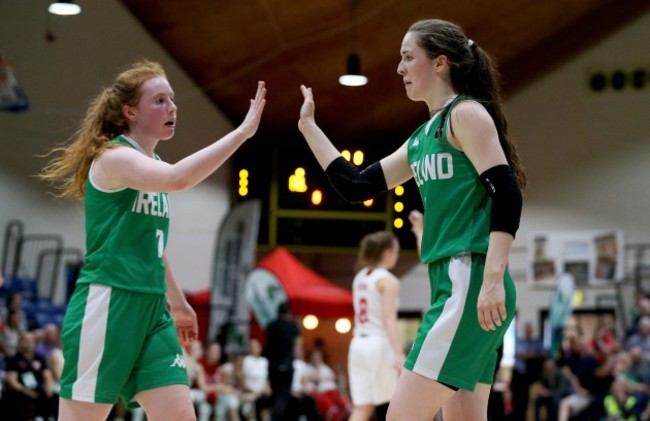 Sorcha Tiernan celebrates with Dayna Finn as she draws a foul