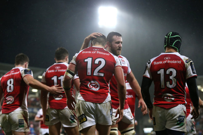 Stuart McCloskey celebrates scoring their first try with Alan O'Connor