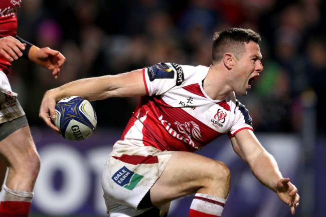 John Cooney celebrates scoring a try