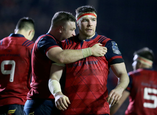 Dave Kilcoyne and Peter O'Mahony celebrate CJ Stander's try 17/12/2017