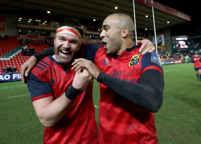 Billy Holland and Simon Zebo celebrate after the game 17/12/2017