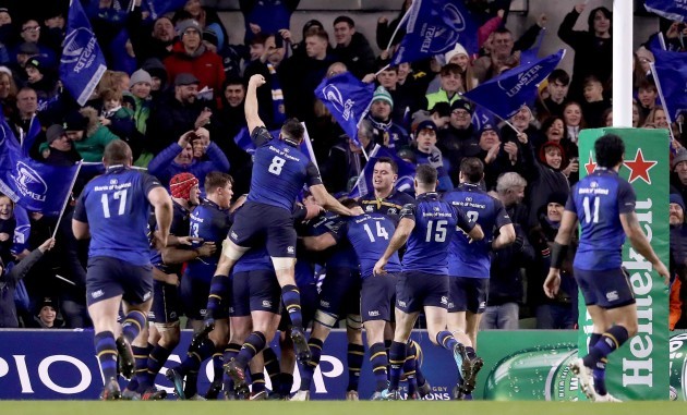 Leinster celebrate scoring a try