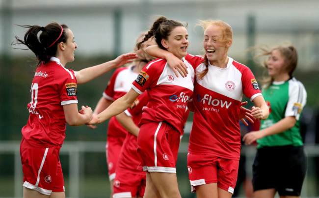 Leanne Kiernan celebrates sconing the first goal of the game with Niamh Prior