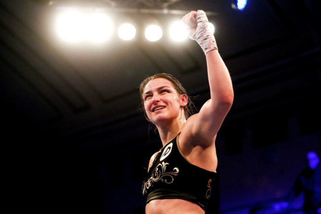 Katie Taylor celebrates after the fight