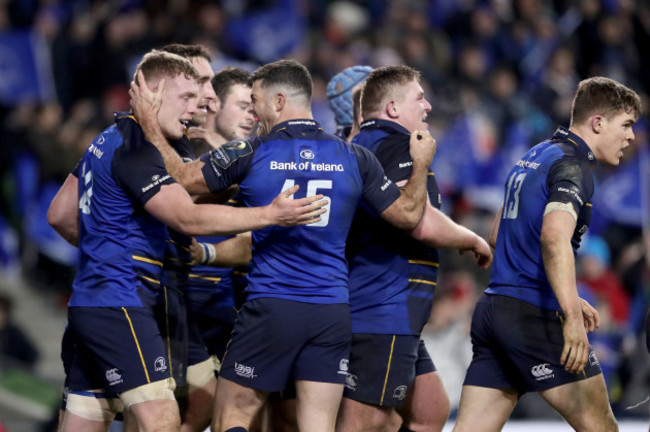 Rob Kearney and Dan Leavy celebrate Luke McGrath's try