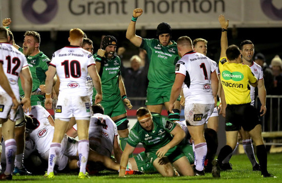 John Muldoon and Ultan Dillane celebrate as Eoghan Masterson scores a try