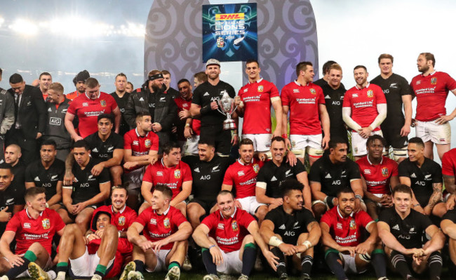 British and Irish Lions and New Zealand All Blacks&rsquo;s teams on the podium after at the presentation of the series trophy