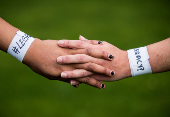 A view of the 'Legacy?' wristbands worn by players from both sides