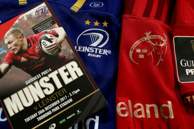 A view of the Leinster and Munster jerseys with the match programme ahead of the game