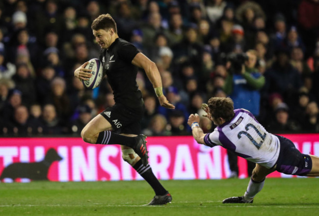 New Zealand All Blacks Beauden Barrett scores a try