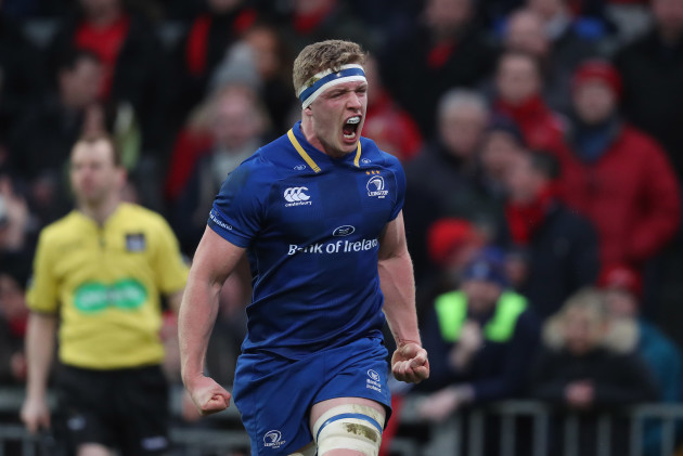 Leinster’s Dan Leavy scores a try