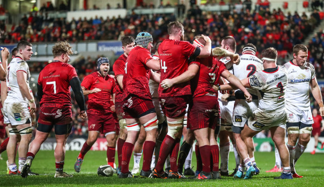 Darren O’Shea celebrates winning a penalty try with John Ryan