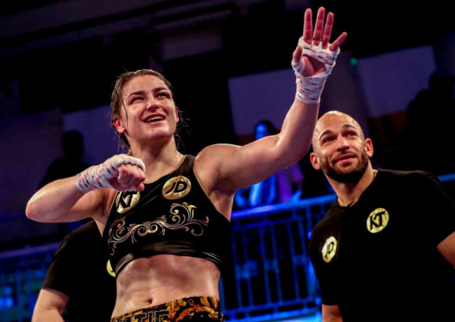 Katie Taylor celebrates after the fight