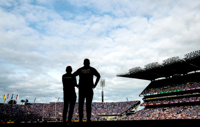 Mickey Harte and Greg Devlin look on in the closing stages