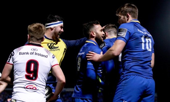 Barry Daly celebrates scoring a try with teammates