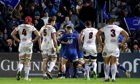 Leinster celebrate Fergus McFadden's try