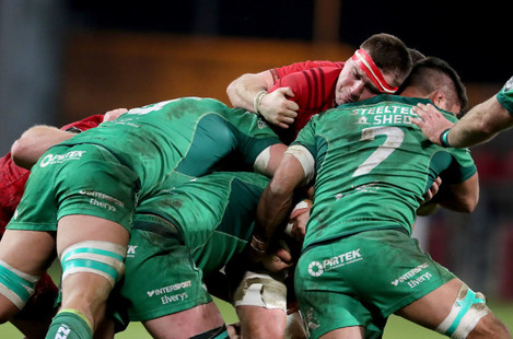 CJ Stander loses the ball to Cillian Gallagher, Quinn Roux and Jarrad Butler