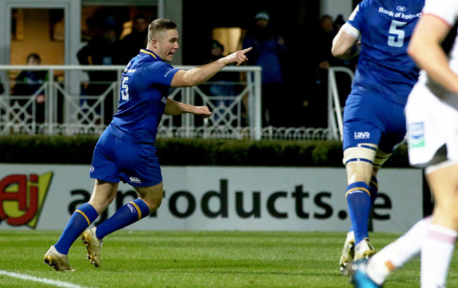 Jordan Larmour celebrates scoring a try