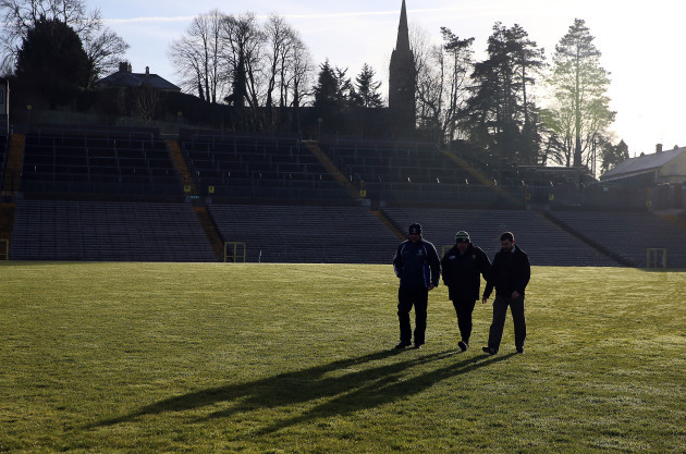 Malachy O'Rourke and Donegal's Declan Bonner inspect the pitch
