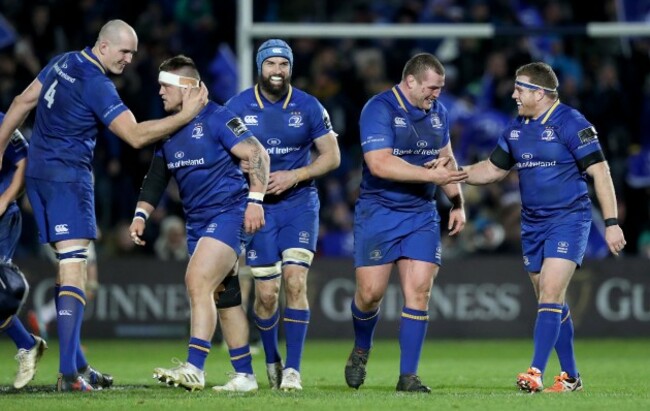 Leinster&rsquo;s Devin Toner, Andrew Porter, Scott Fardy, Jack McGrath and Sean Cronin celebrate Fergus McFadden's try