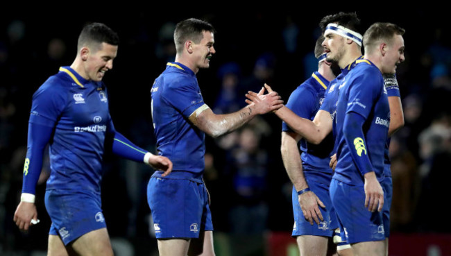 Johnny Sexton celebrates his try with Max Deegan