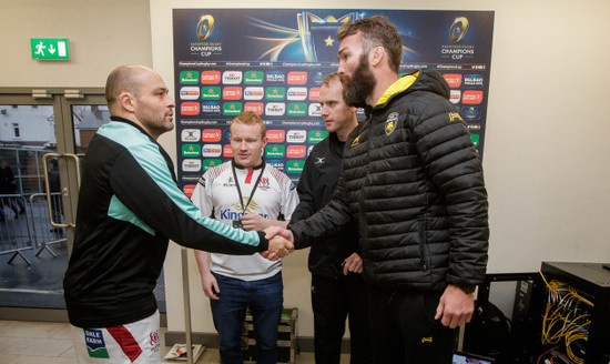 Rory Best, Wayne Barnes and Jason Eaton with coin toss winner Sean McNally