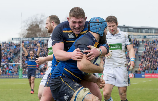 Tadhg Furlong congratulates try scorer Scott Fardy