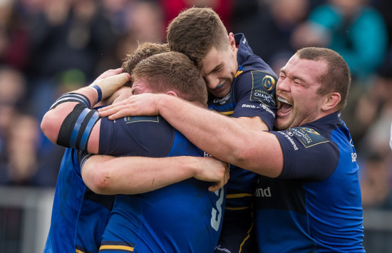 Tadhg Furlong, Jack McGrath and Luke McGrath celebrate with try scorer Jordi Murphy